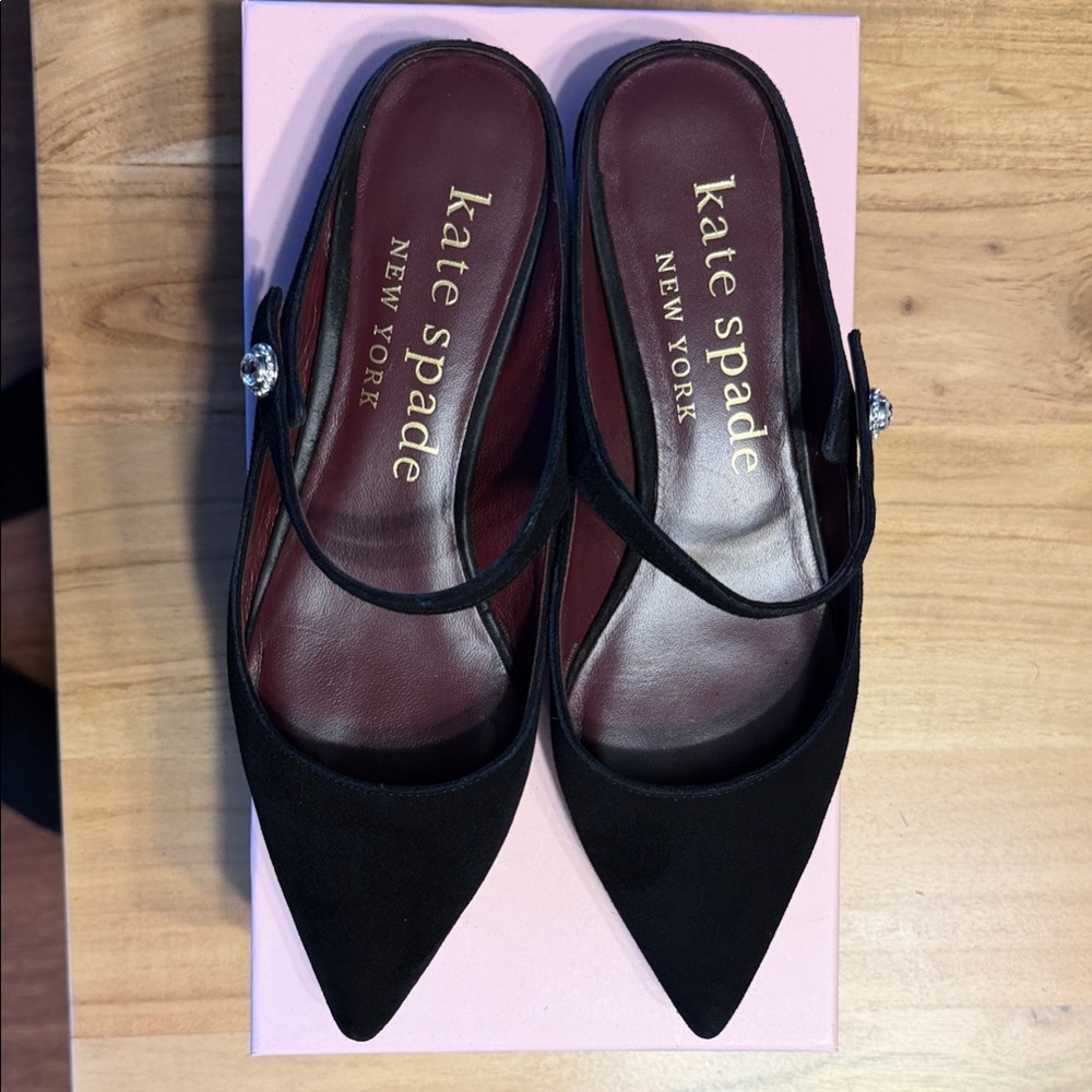 Kate Spade Black Pointed Slingback Mules with Burgundy Insole and Crystal Button